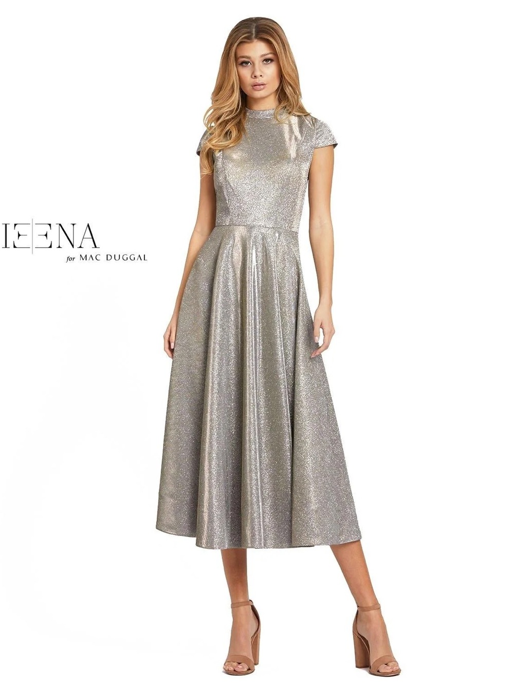 Mac Duggal Silver Metallic Midi Fit-and-Flare Cocktail Dress